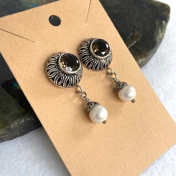 Sterling Silver 925 1.5" Signed Round Smoky Quartz & Pearl Dangle Drop Earrings - Picture 4 of 16